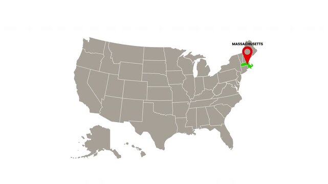 United States map with Massachusetts state highlighted in green and marked with a red location pin