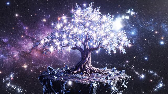 Tree with glowing leaves in space symbolizing tranquility, harmony, and the great outdoors