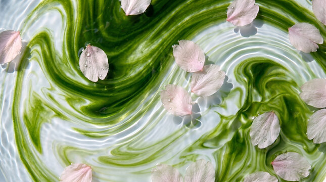 桜の花びらと抹茶ミルクのマーブル模様、春の和風テクスチャ背景、氷や水のような質感