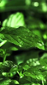 Drop of water fall on mint leaf. Filmed is slow motion 1000 fps. High quality FullHD footage