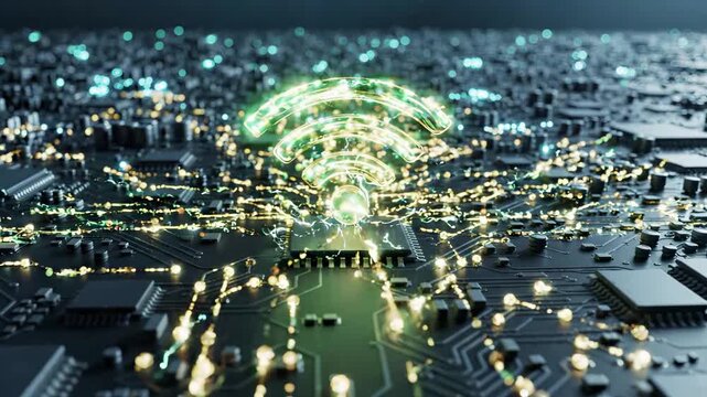 Wireless wifi signal symbol glowing above a circuit board with microchip processor. Internet network connection and data transmission across electronic hardware. Digital communication and futuristic