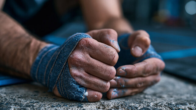 Calloused close-up of hands taping wrists with athletic wrap before a CrossFit session, concrete floor visible below, chalk residue on fingertips, cool blue-grey studio tone with harsh overhead ligh