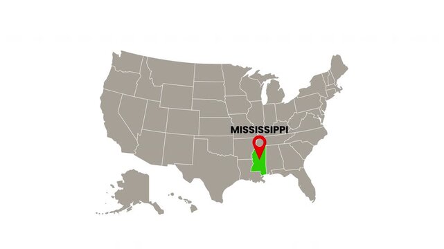 United States map with Mississippi state highlighted in green and marked with a red location pin