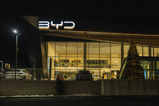 Almaty, Kazakhstan - January 12, 2026: A BYD dealership at night