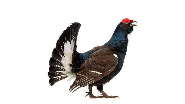 A majestic wild capercaillie wood grouse bird standing proudly side view profile isolated on transparent background cut out