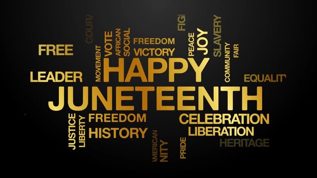 Happy juneteenth concept Animated Tag Word Cloud kinetic typography, Text Design Animation typography seamless loop video motion graphics Intro Wordart arrangement golden type on black background bg b