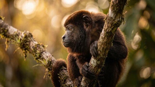howler monkey on a branch close up with blur golden light background