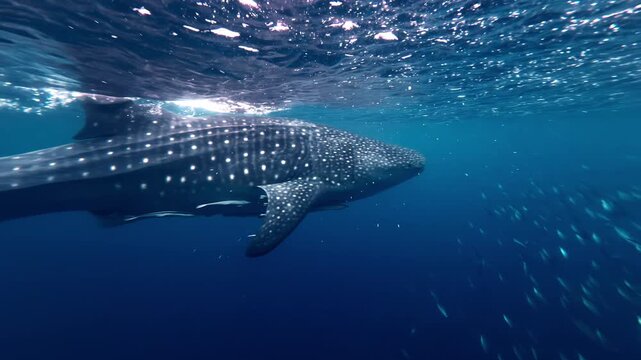 A whale shark glides through the deep blue waters of Sogod Bay, accompanied by a school of fish. Ideal for marine life documentaries or oceanic exploration themes.