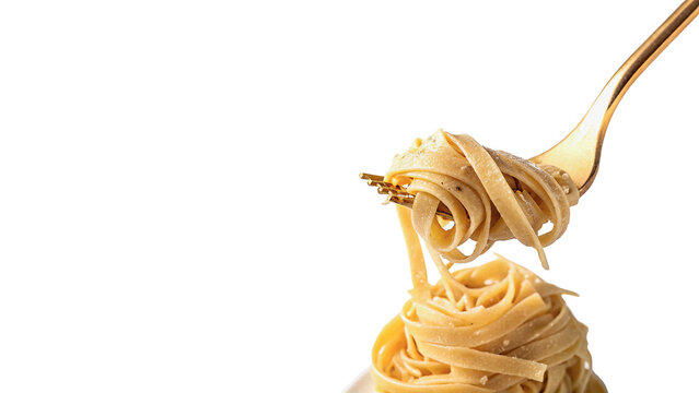 A culinary gesture holding delicious hot Italian spaghetti pasta swirling on a metal fork isolated on transparent background cut out