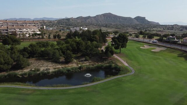 Aerial view of the well maintained Alenda golf course. Monforte del Cid, Spain.