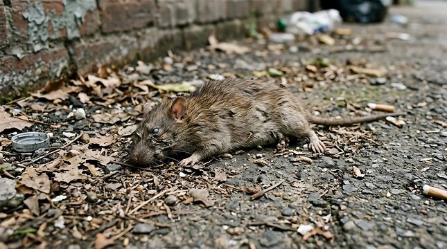 Dead brown rat lying on dirty ground with leaves and debris near brick wall