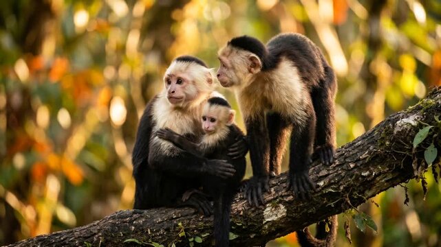 White faced capuchin family on a branch close up macro blur golden light background costa rica