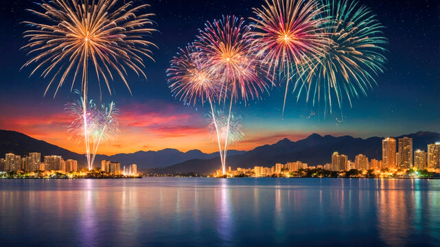 Minimal seaside night view calm sea waves fireworks sky village lights reflection space