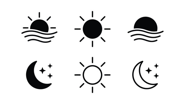 Rising sun black silhouettes icon set. Suitable for travel, nature apps, morning, time concepts, relaxation. Minimalist Sun Rise and Sun Set Icons Graphic Vector.