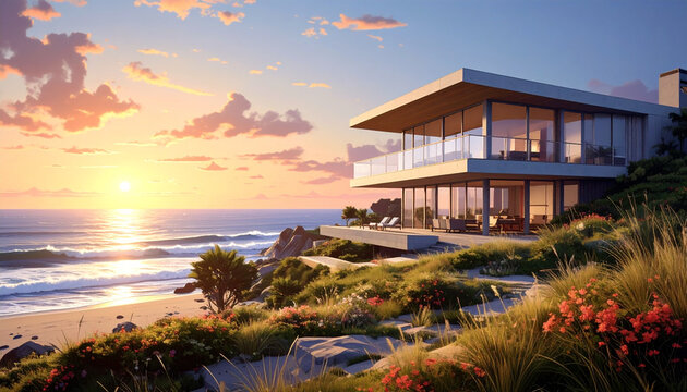 Modern coastal home sunset