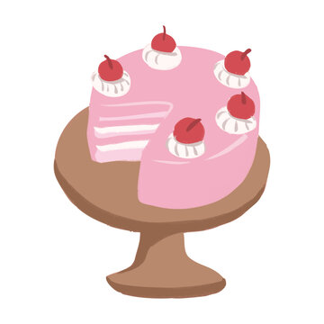 A delicious pink strawberry cake on a stand with a slice missing and cherries