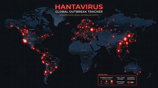 Detailed world map showing hantavirus outbreak density and global tracking information visually