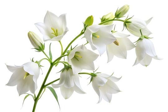 Delicate white bellflowers with green stems and buds isolated on white background campanula floral nature
