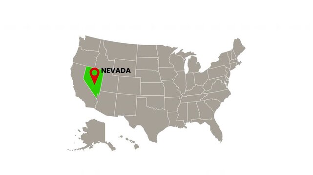 United States map with Nevada state highlighted in green and marked with a red location pin