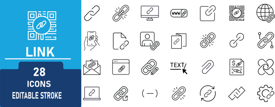 Link Line Icon Set. Contains icons hyperlink, URL connection, chain link, web address, internet linking, QR code,  and digital communication. Editable stroke. Vector illustration.