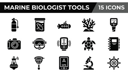Marine biologist tools set, 15 icons for oceanography and underwater research, black vector ocean science equipment © Mahraz