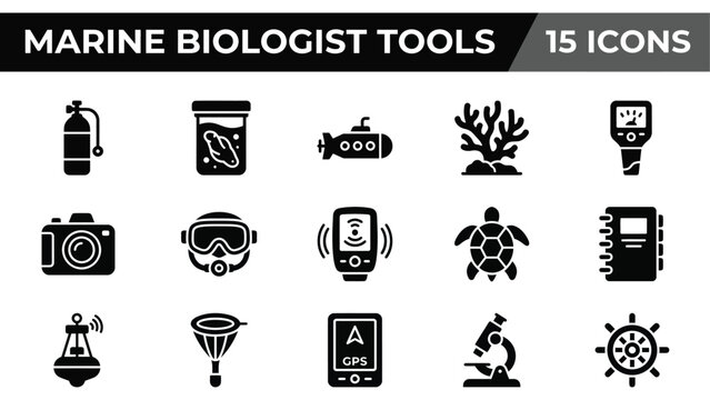 Marine biologist tools set, 15 icons for oceanography and underwater research, black vector ocean science equipment