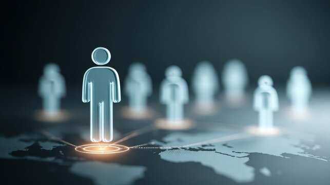 Digital illustration of human icons connected on a global map, symbolizing networking, leadership, and global communication.