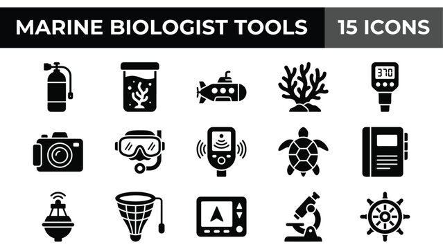 Marine biologist tools icon set, 15 ocean research vector icons, black solid underwater science and diving symbols