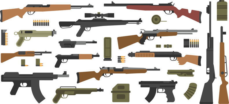 Assortment of firearms and ammunition in a flat vector illustration rifle shotgun