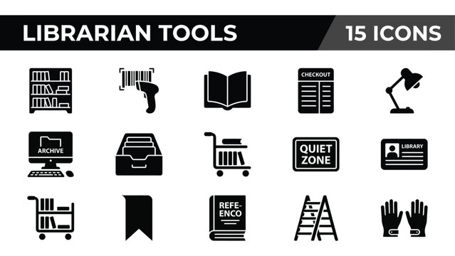 Librarian tools icon set, 15 black library vector icons, book archive and literature management symbols for education