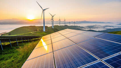 Sunrise reflections on solar panels with wind turbines on a distant ridge, green energy landscape © PG Studio
