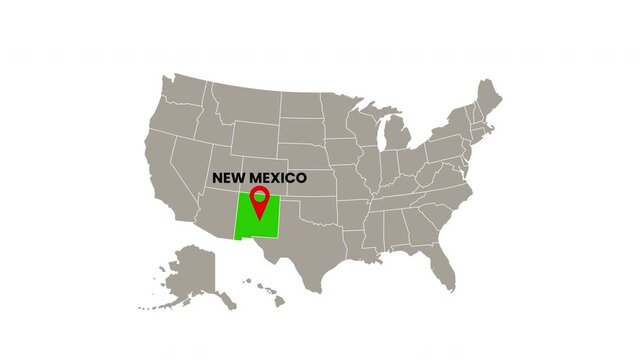 United States map with New Mexico state highlighted in green and marked with a red location pin