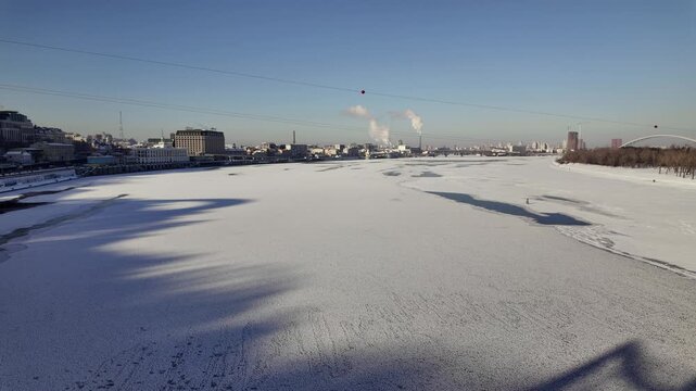 Frozen Dnieper River and Podil District View in Kyiv Ukraine