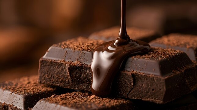 Dark melted chocolate pouring over square blocks of high quality cocoa chunks with sprinkled powder on dark rustic wooden surface background.