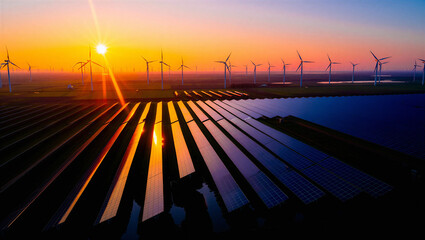 Aerial view of a sprawling solar and wind power farm during a bright sunset with solar panel © PG Studio