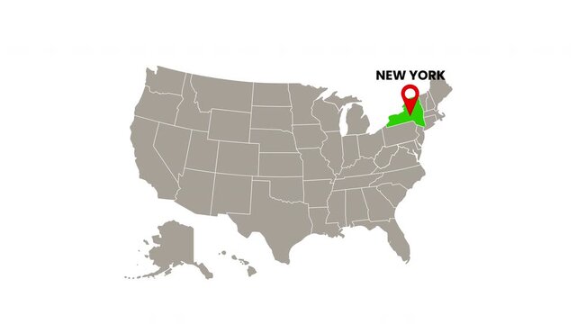 United States map with New York state highlighted in green and marked with a red location pin on white background.