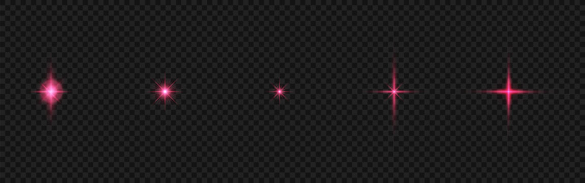 Collection of pink star shapes and glowing light bursts on transparent background.