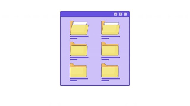 File manager window with folders 2D cartoon object animation. Desktop interface with data organization. Digital file navigation. Directory animated flat colorful item 4K video isolated on transparent