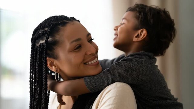 Mother receiving kiss from son on living room couch