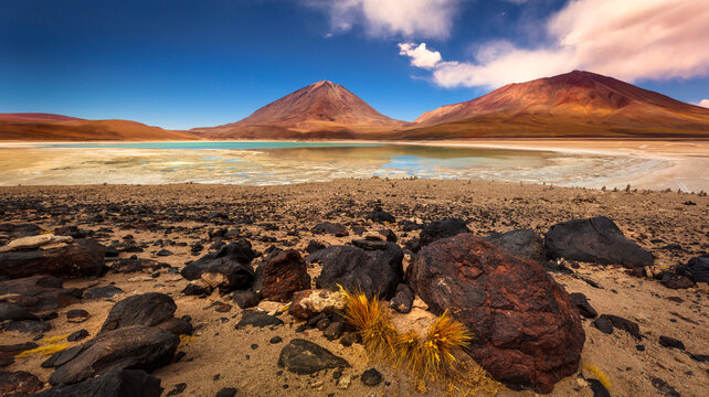 Green Lagoon or "Laguna Verde", frozen salt lakeroad trip to the famous Uyuni Salt Flat, travel destination in Bolivia. Snowcapped Licancabur Volcano, 5920 m, in the background.