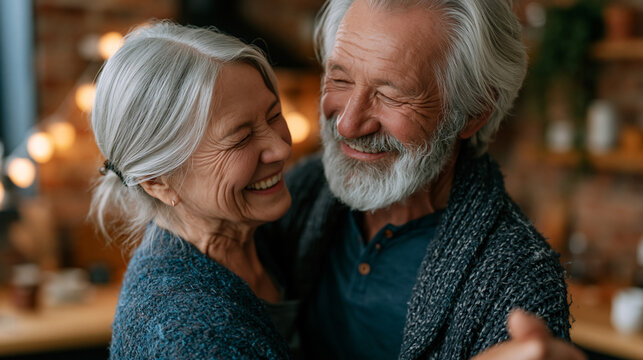 Elderly couple slow dancing in a sunlit kitchen, her silver hair pinned loosely, his cardigan slightly wrinkled, both laughing with eyes closed, morning coffee forgotten on the counter behind them, 
