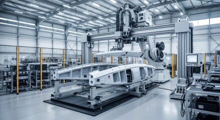 Fototapeta premium Advanced Robotic Arm Assembling Complex Metal Components in a Modern Industrial Manufacturing Facility