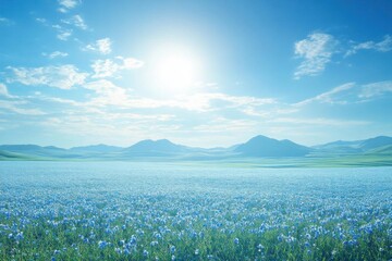 Fototapeta premium Sunlit Blue Wildflower Meadow Mountain Landscape