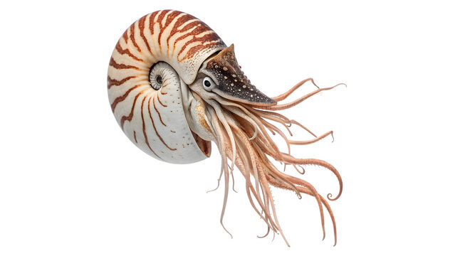 A beautiful symmetry spiral nautilus sea shell section showing organic pattern isolated on transparent background cut out