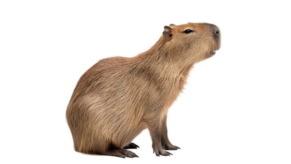 A large wild brown capybara rodent mammal standing side view profile isolated on transparent background cut out © Ivan