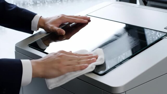 Person in Dark Suit Wiping Glass Flatbed of Modern Gray Printer Machine with White Cloth