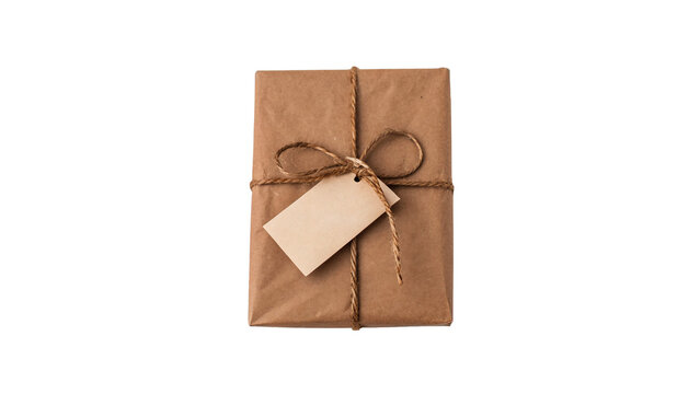 A classic rectangular cardboard gift box present wrapped with a rustic twine ribbon isolated on transparent background cut out