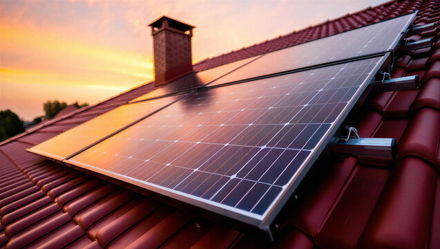 Residential solar panels installed on red tiled roof during golden sunset with residential, building