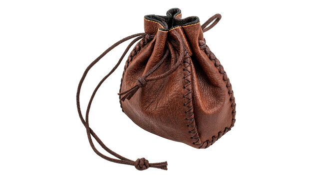 A small vintage rustic brown leather pouch pouch bag string drawstring container isolated on transparent background cut out