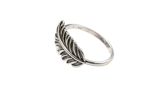 A simple minimalist silver metallic finger ring decorated with a textured leaf pattern isolated on transparent background cut out